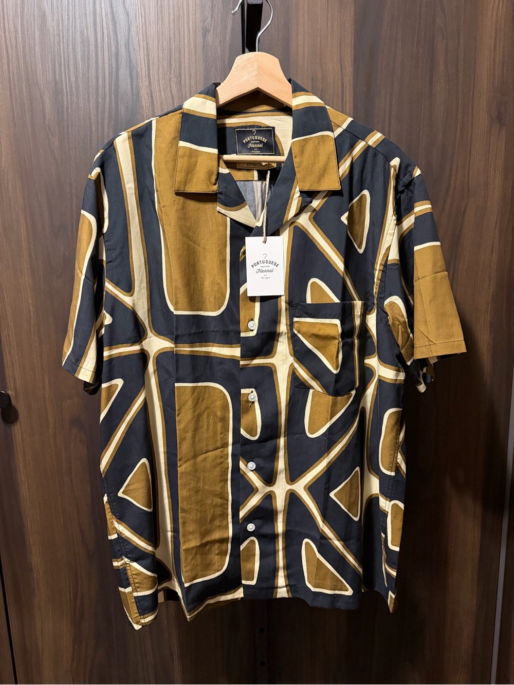 Portuguese Flannel Opum Tencel Camp Collar Shirt Geometric Gold Brown Black XL
